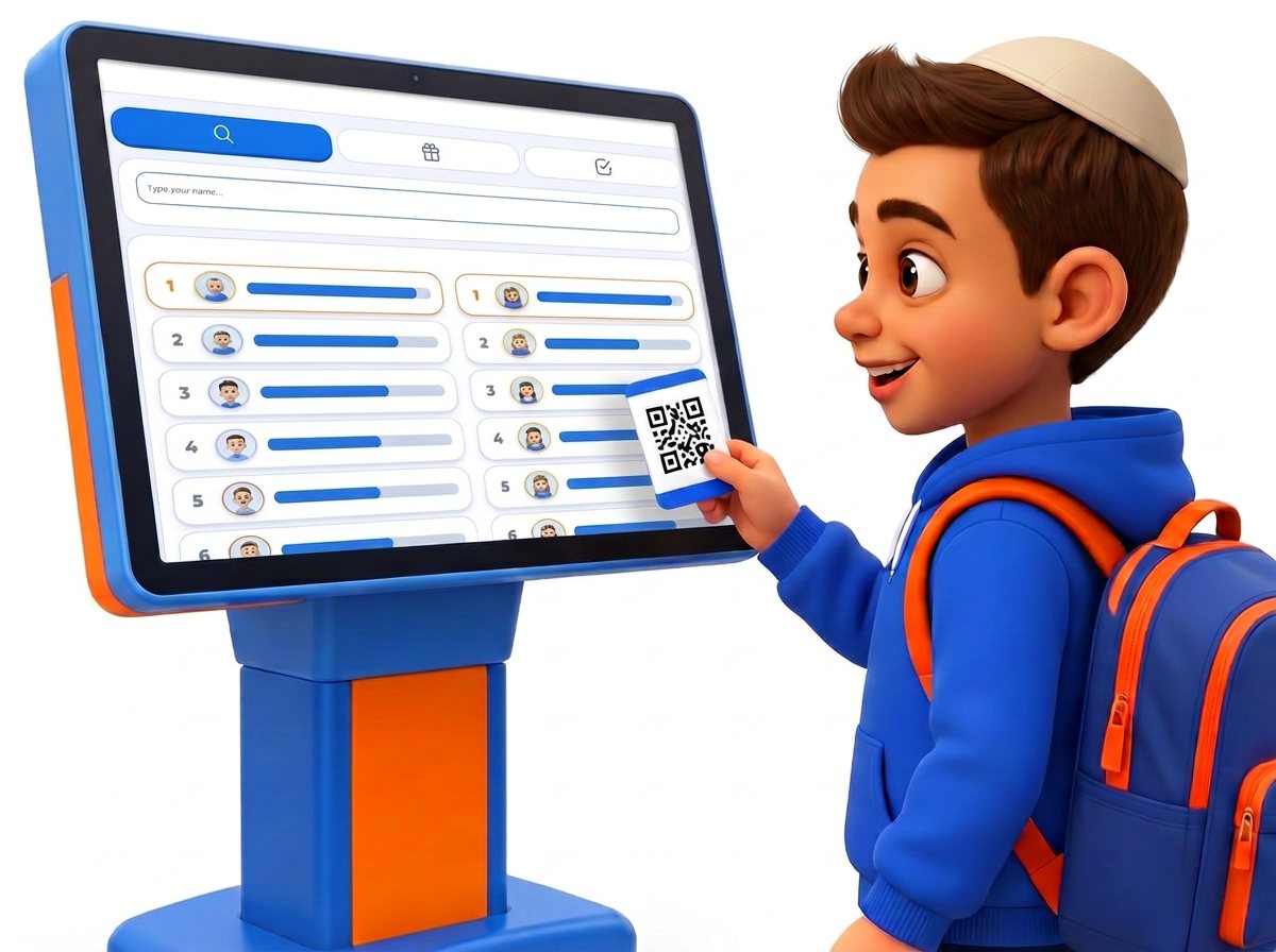 A student scanning a QR card at a Matmidim Club kiosk showing the leaderboard