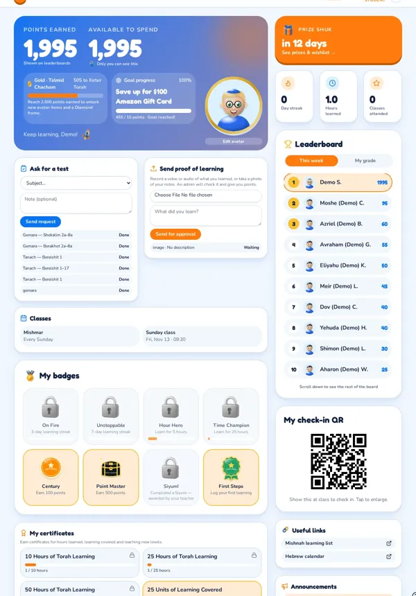 Student app showing points, a goal, badges and leaderboard